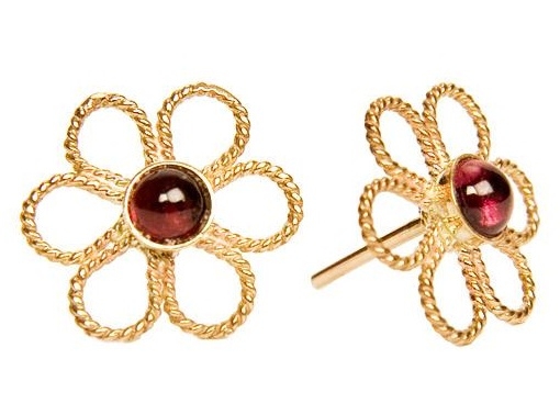 Vintage Designe Gold Earrings with Red Garnet Side Viwe
