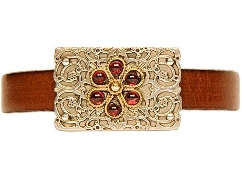 Leather Gold & Silver Bracelet with Red Garnets close up