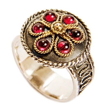 Gold and Silver Vintage Ring with Six Garnets side view