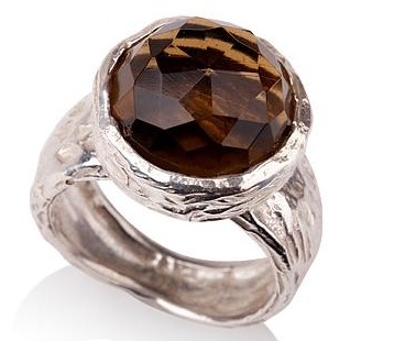 Antique Looking Smokey Topaz and Carved Silver Ring Side View