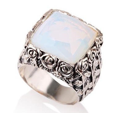 Vintage Style Silver Designer Ring with White Opal Side View