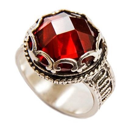 Silver Vintage Style Ring with Red Zircon side view