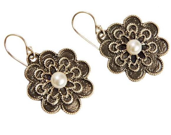 Vintage Styled Silver Earrings with Pearl Side View